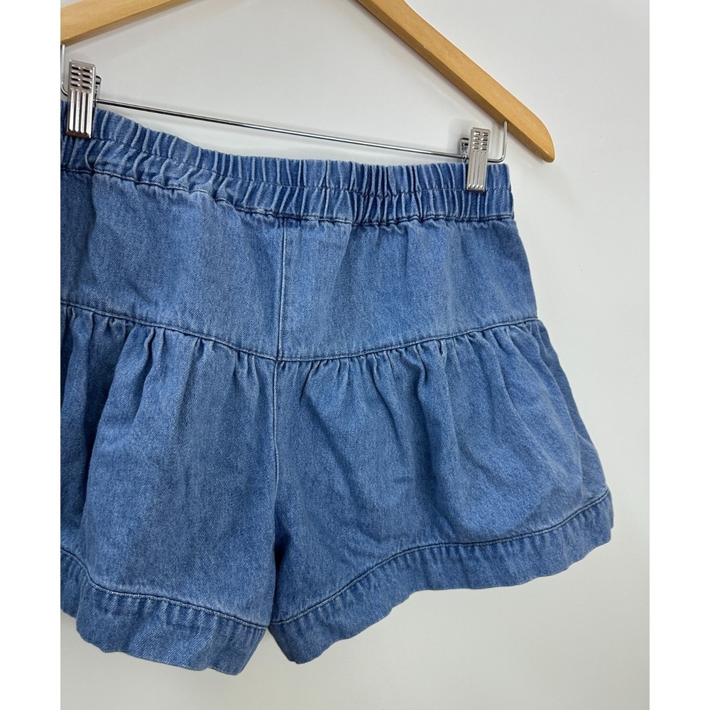 Bohme Blue Denim Tiered Ruffle Shorts Medium Wash Button Front High Rise Size M - Picture 11 of 13